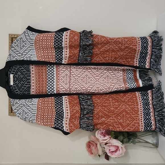 Boho Fringe Cardigan Poncho Vibes Cozy Fall Winter Lagenlook Fringe Large - Picture 11 of 11
